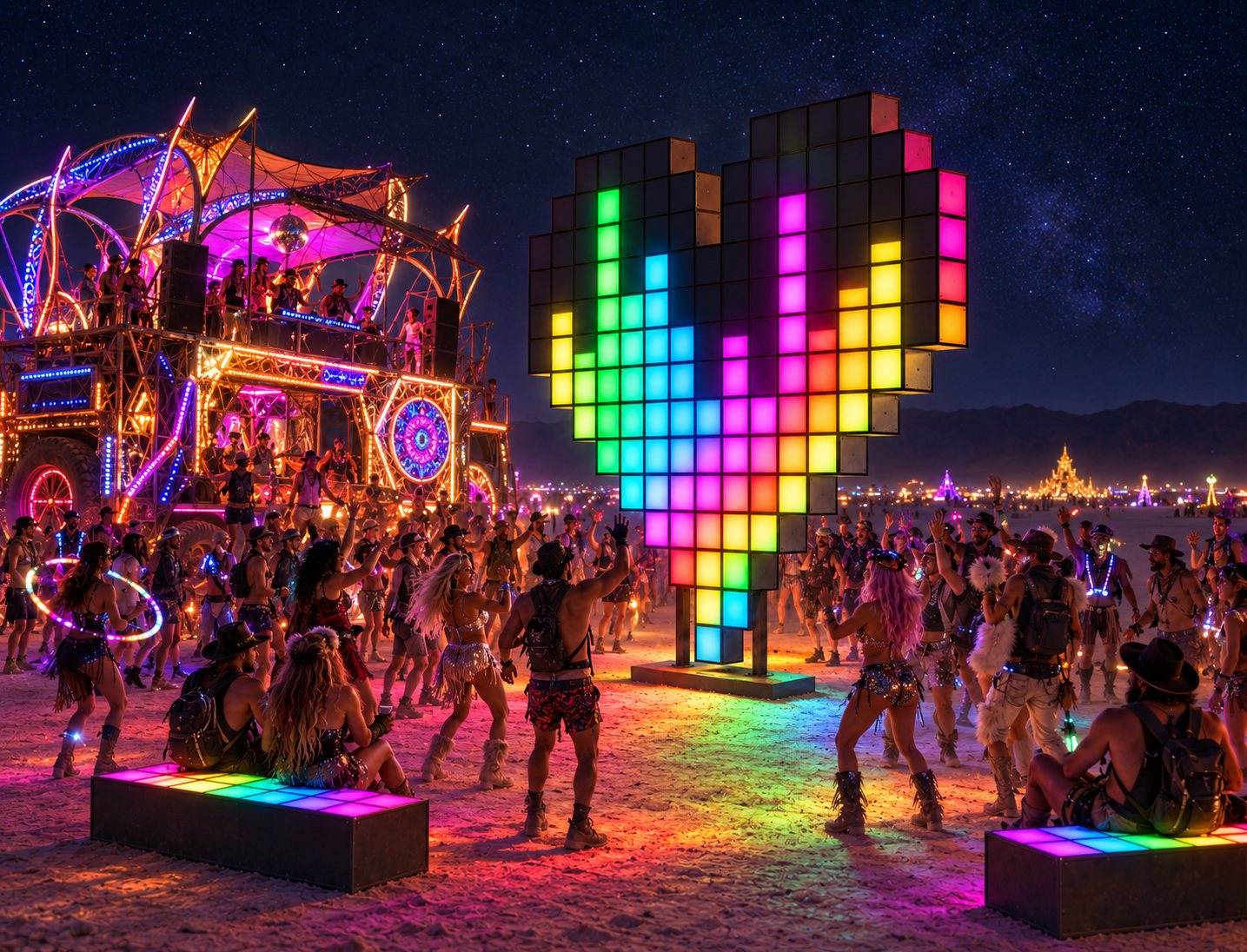 An art car with a DJ deck parked next to the heart at night; the heart shows equalizer bars and people dance around it.