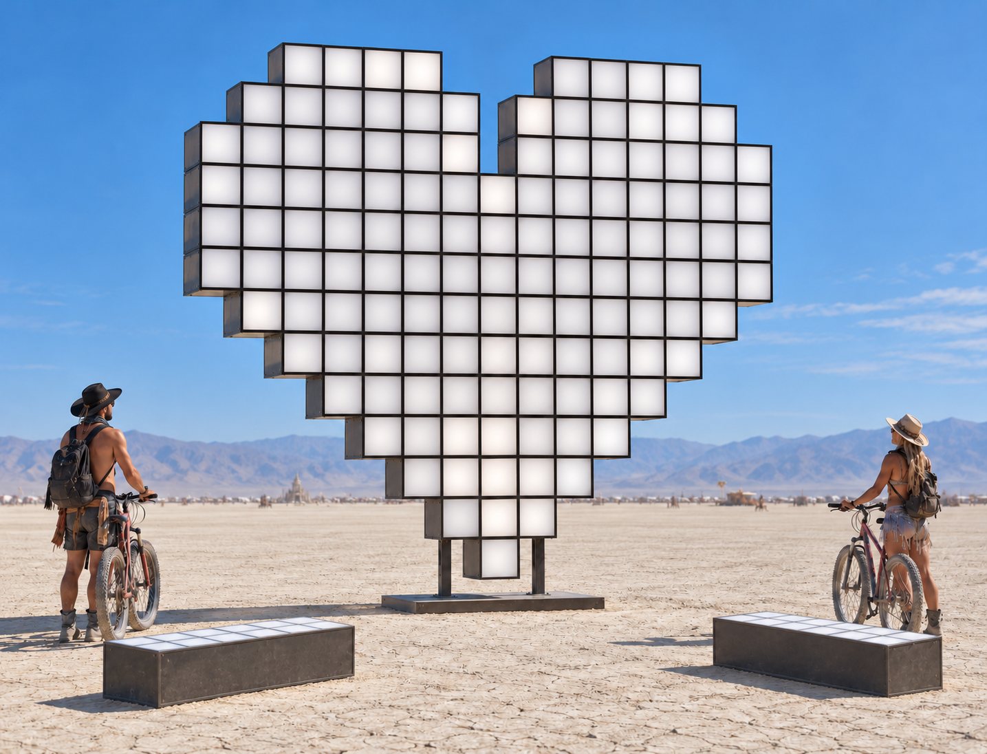 The heart at midday, unlit, frosted white glass on a steel frame, with two cyclists and two benches in front.